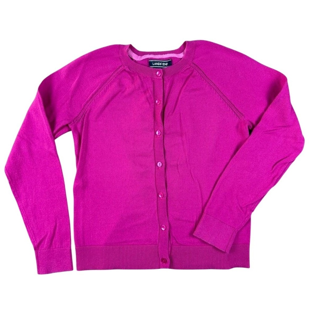 Lands' End Girls Bright Pink Button-Up Cardigan Sweater